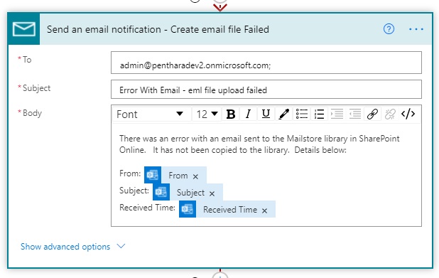 create email action failure notification