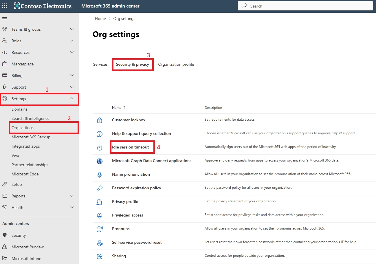 Microsoft 365 Admin Center highlighting ‘Idle session timeout’ option.”
