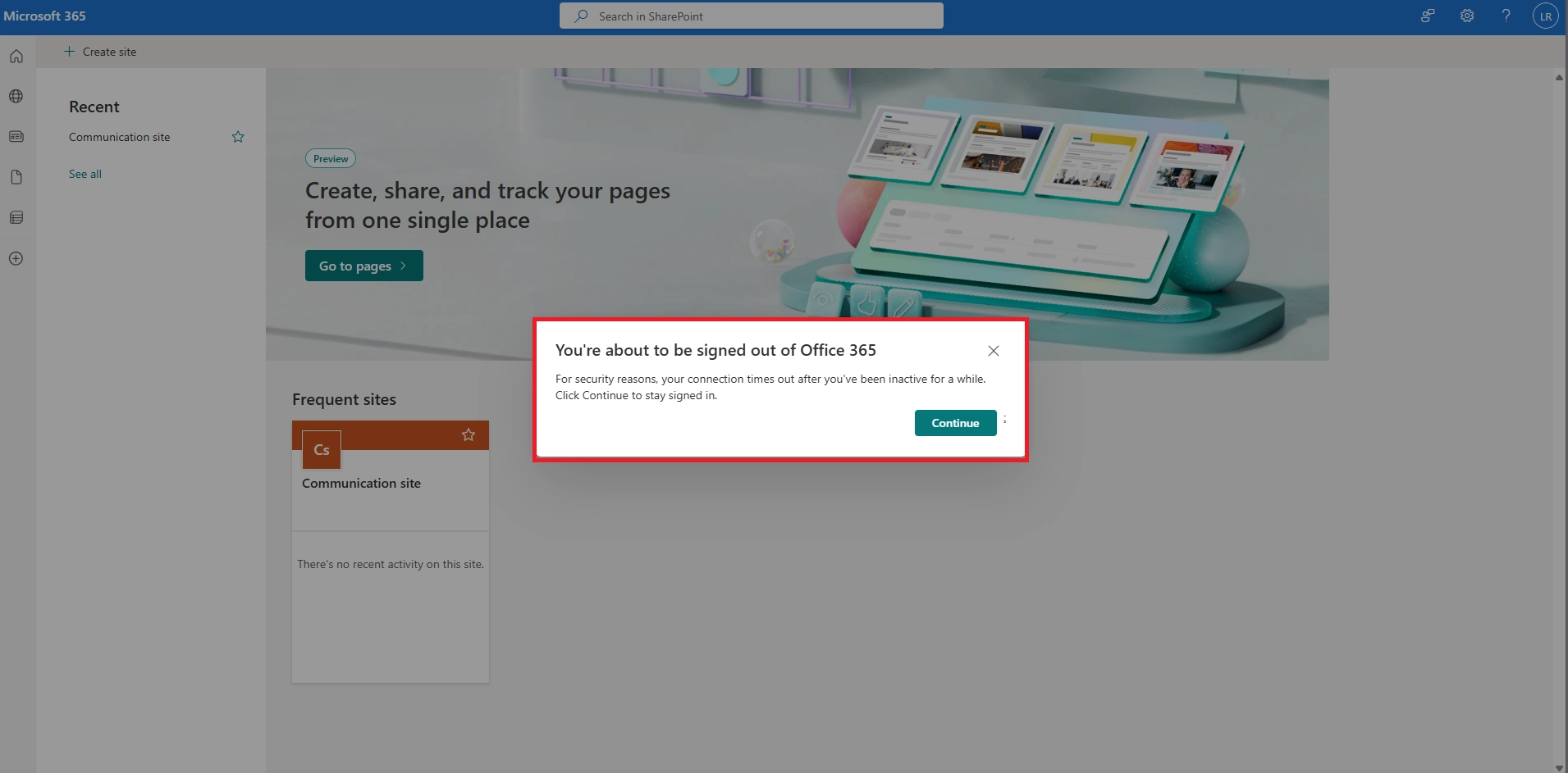 Microsoft 365 SharePoint Site shows timeout warning prompting user to stay signed in due to inactivity.