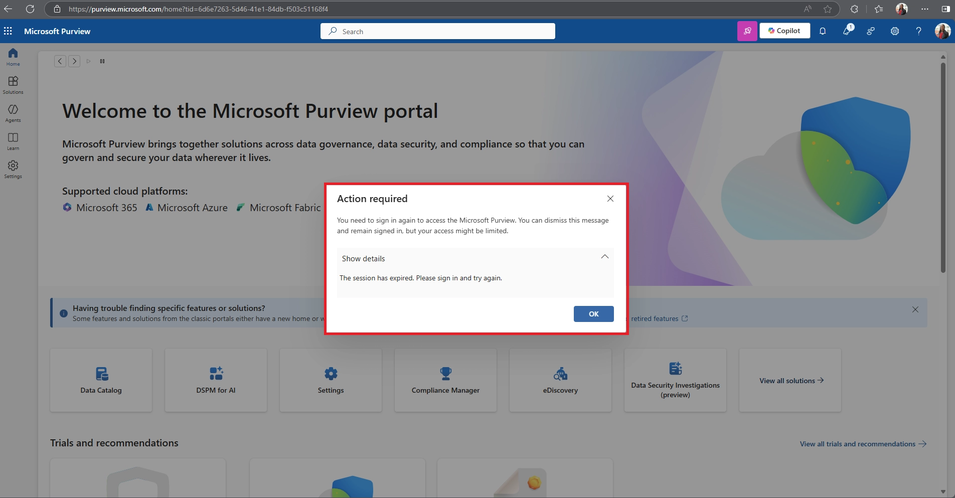 Microsoft Purview portal displays a session expiration alert prompting user to sign in again for continued access.