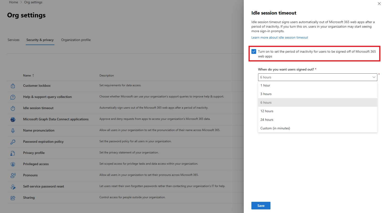 Microsoft 365 admin center showing idle session timeout setting with inactivity period options
