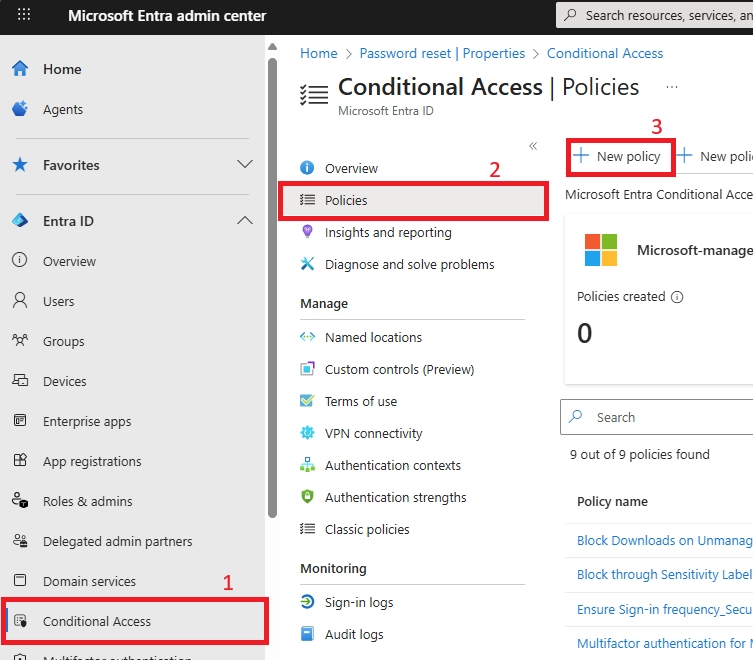 Entra admin center with navigation to Conditional Access policies and option to create a new policy.