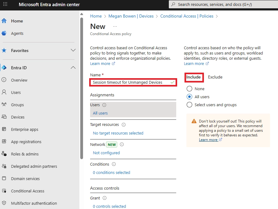 Conditional Access policy creation page.