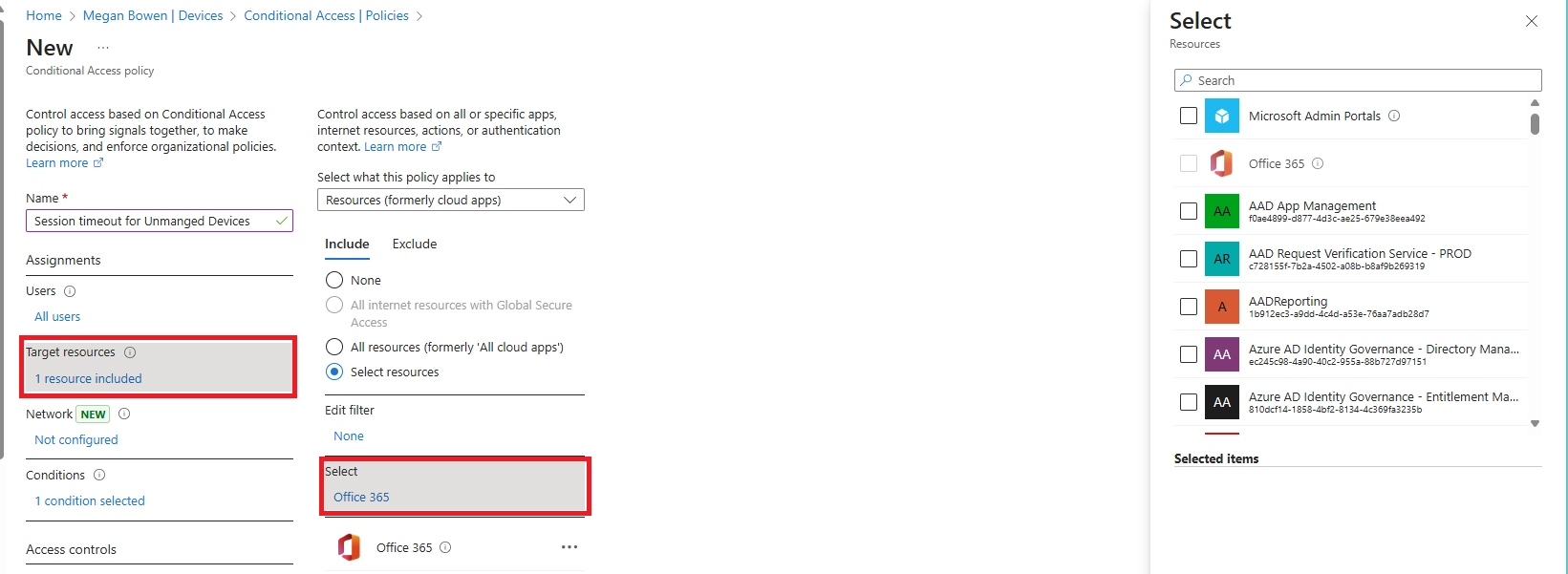Conditional Access policy configuration showing target resource selection with Office 365 selected.