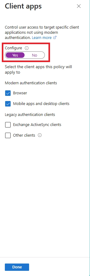 Client apps configuration panel with browser and mobile app clients selected under modern authentication.
