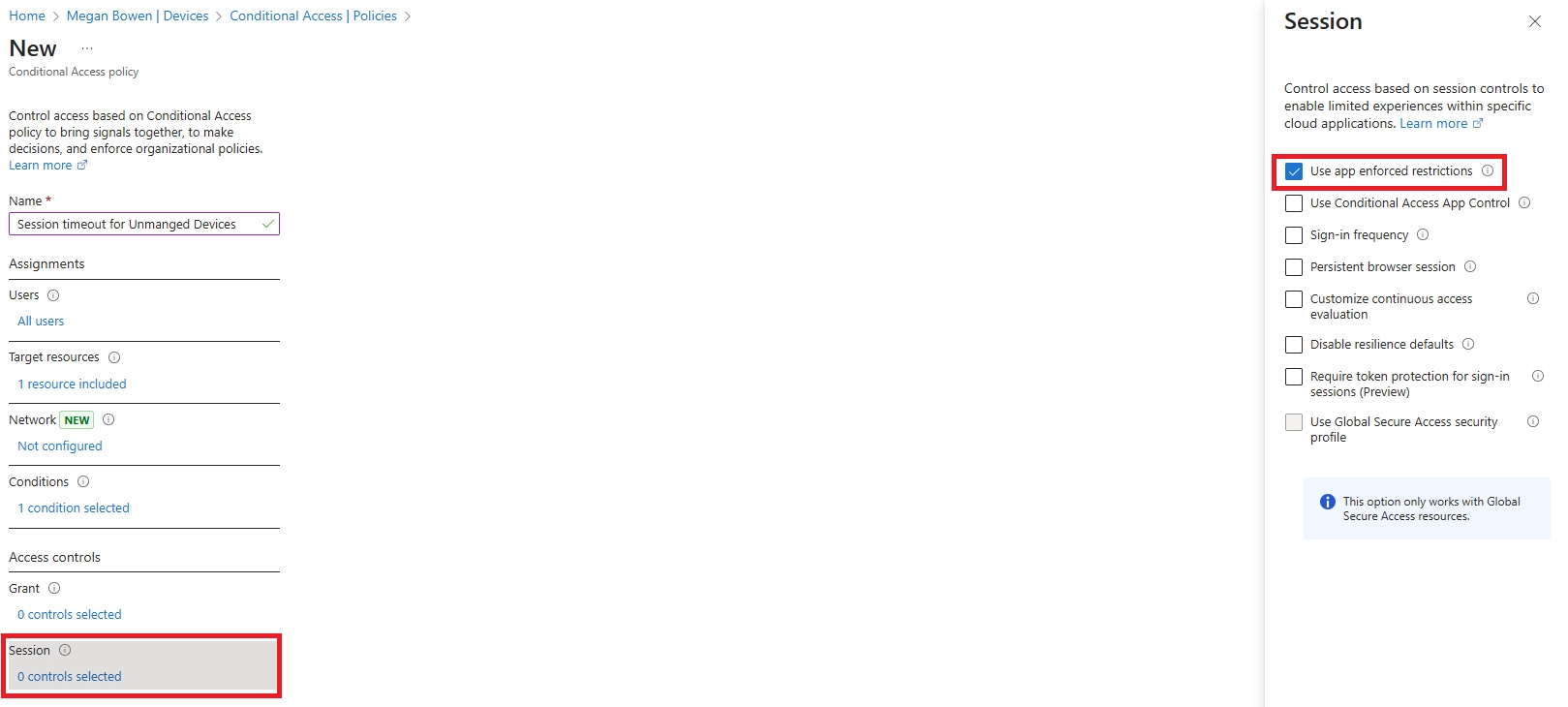 Conditional Access session control settings with 