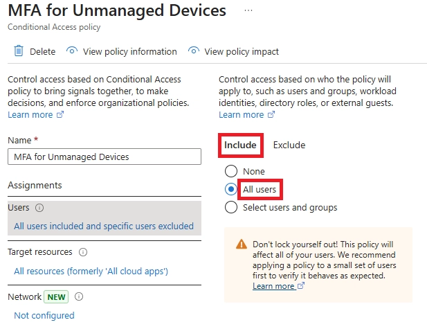 Conditional Access settings page showing the 