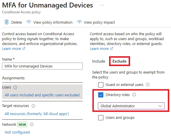 Conditional Access settings page showing the 