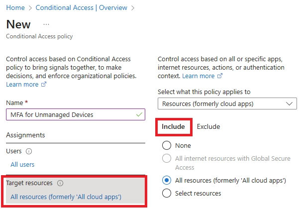 Conditional Access screen for selecting target resources such as Office 365 apps or “All Cloud Apps.”