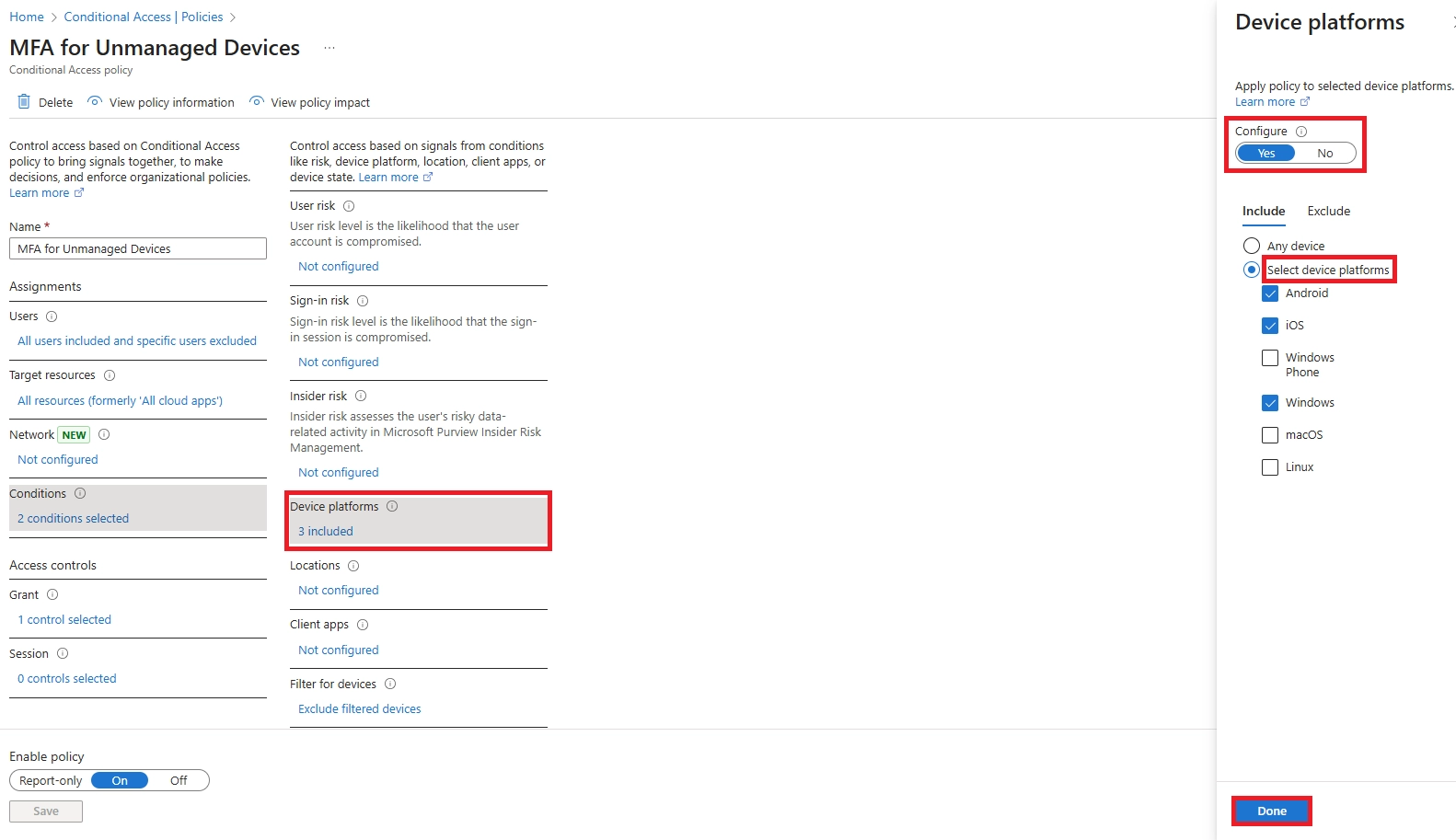 Conditional Access “Conditions” page highlighting device platform selection to include or exclude platforms.