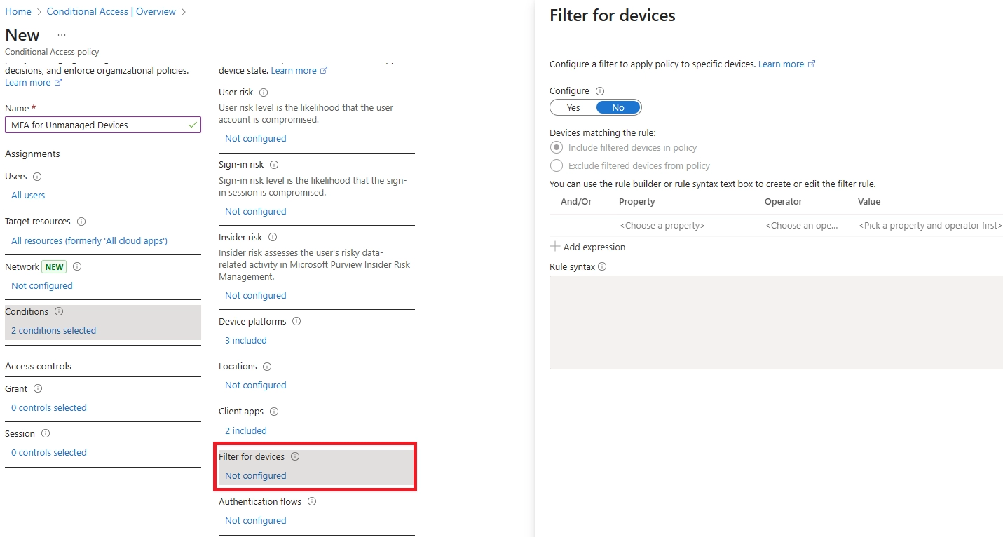 Conditional Access policy showing the “Filter for devices” option to include or exclude specific devices.