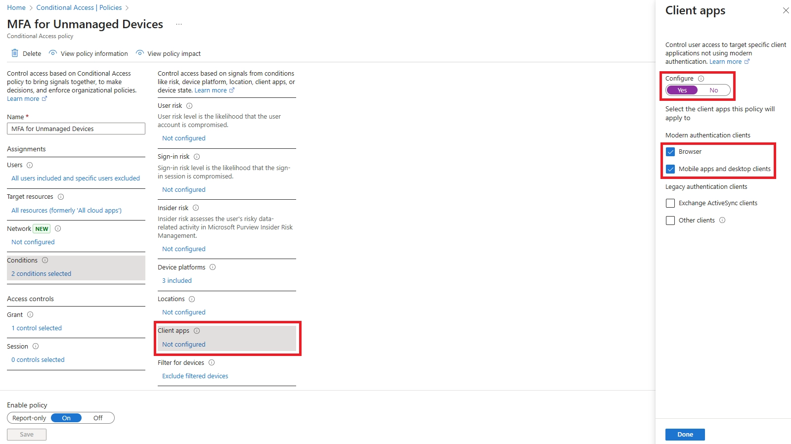 Conditional Access “Client apps” section for configuring client apps the policy will apply to
