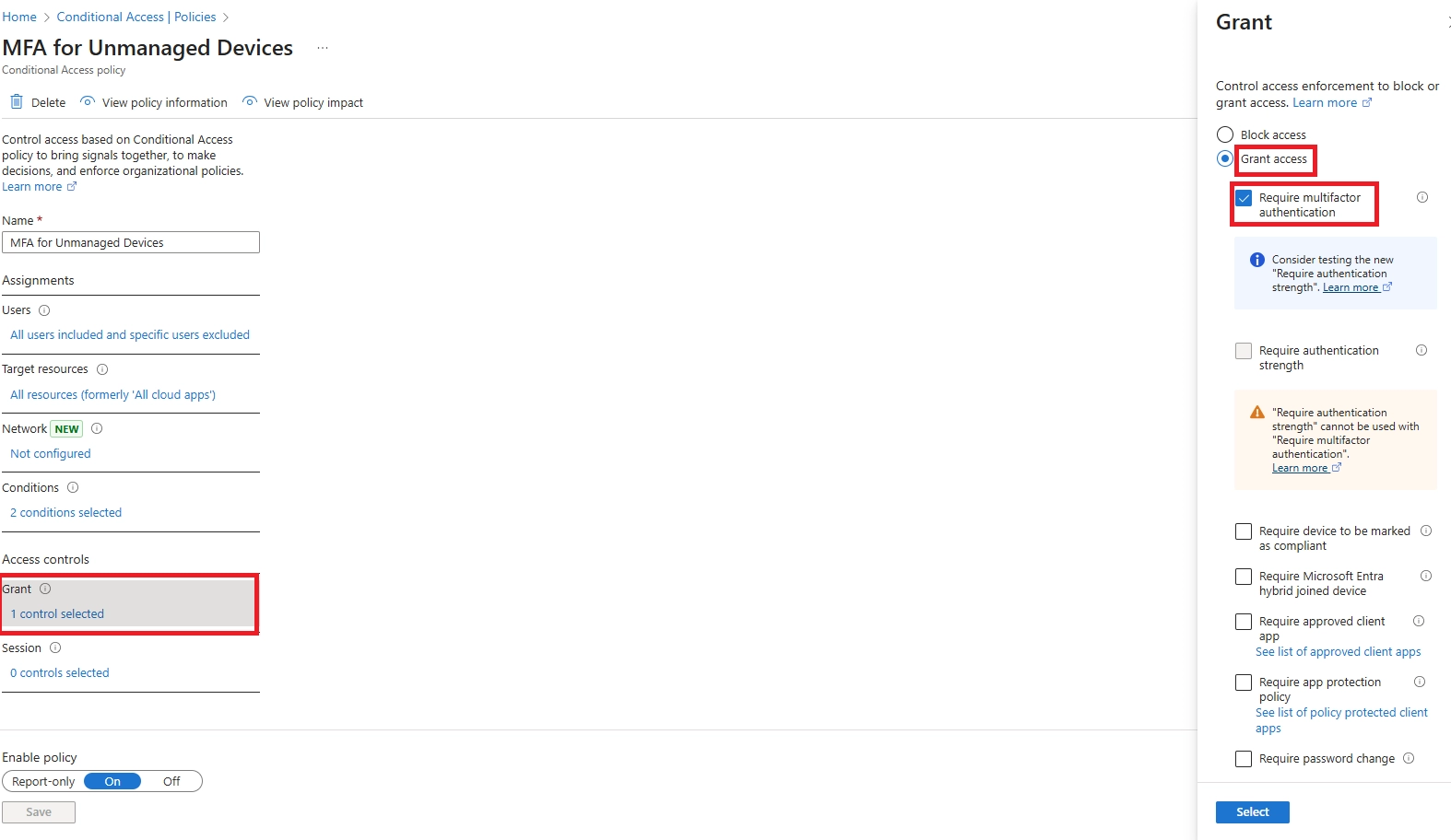 Conditional Access “Grant” controls page with “Require multifactor authentication” enabled.