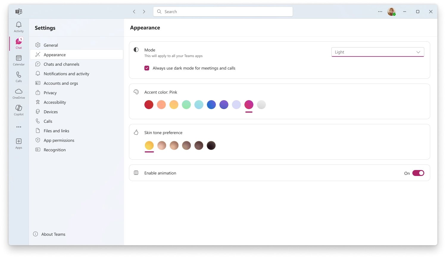 Change accent colors in Settings Appearance