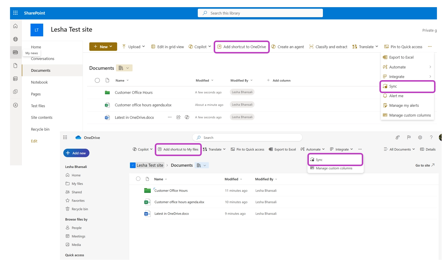 OneDrive for Business Improved Placement of Shortcut and Sync Commands