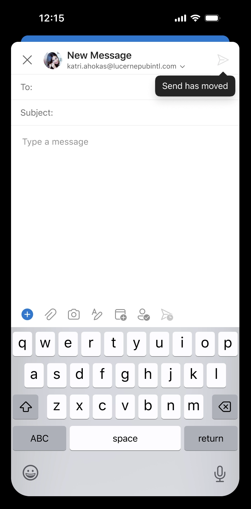 New Send button placement in Outlook for iOS – full compose view