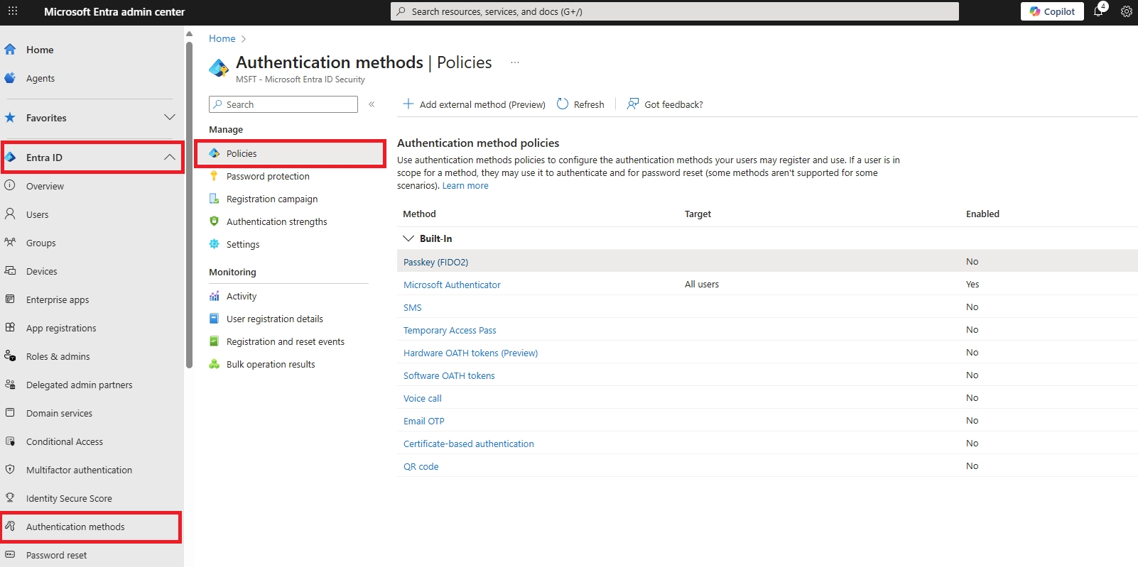Microsoft Entra admin center navigation view showing Authentication methods and Policies sections.