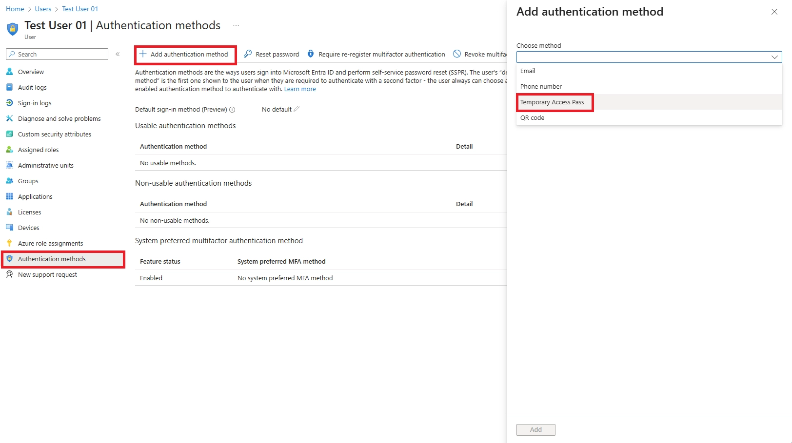 Microsoft Entra admin interface showing authentication method options with 