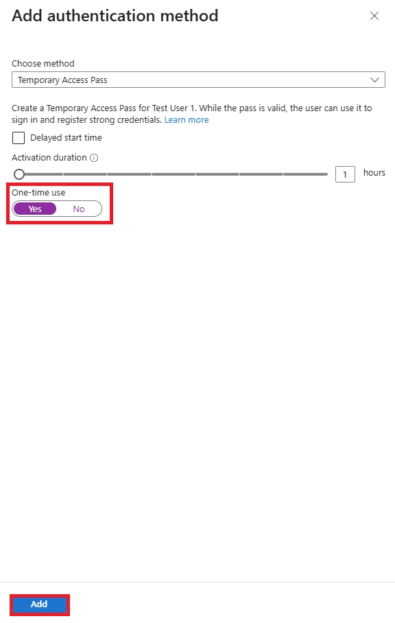 Add authentication method screen showing Temporary Access Pass setup for a user with one-time use enabled and 1-hour activation duration.