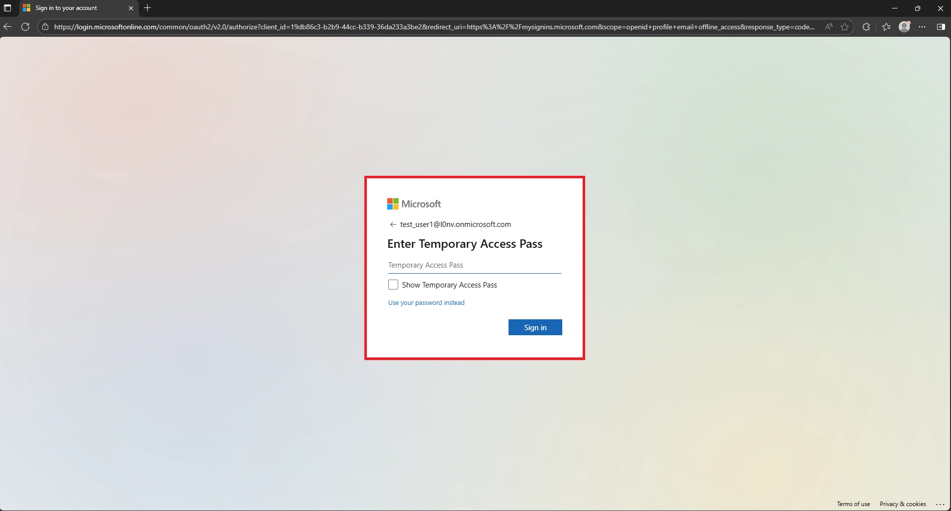 Sign-in page prompting for Temporary Access Pass with an option to show TAP or use a password.