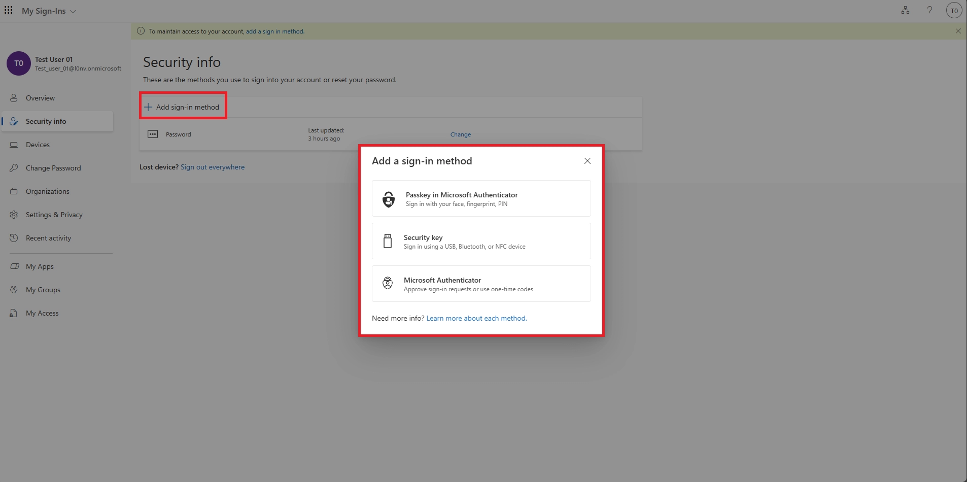 Security info page with a pop-up to add a sign-in method including Passkey, Security key, and Microsoft Authenticator.