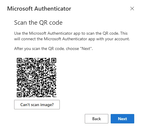 Microsoft Authenticator setup screen displaying a QR code for app pairing