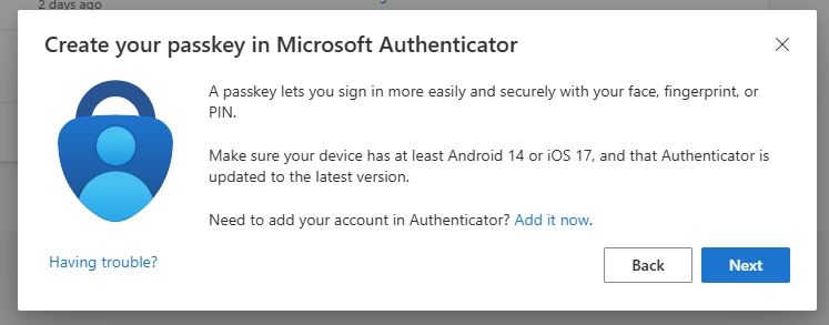 Prompt in Microsoft Authenticator to create a passkey with face, fingerprint, or PIN.