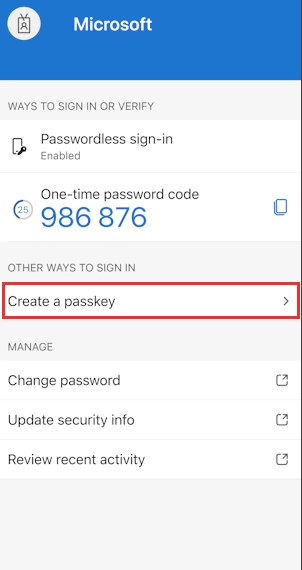 Microsoft Authenticator app showing options including “Create a passkey.”