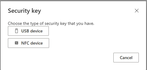 Security key selection dialog showing options for USB and NFC devices.