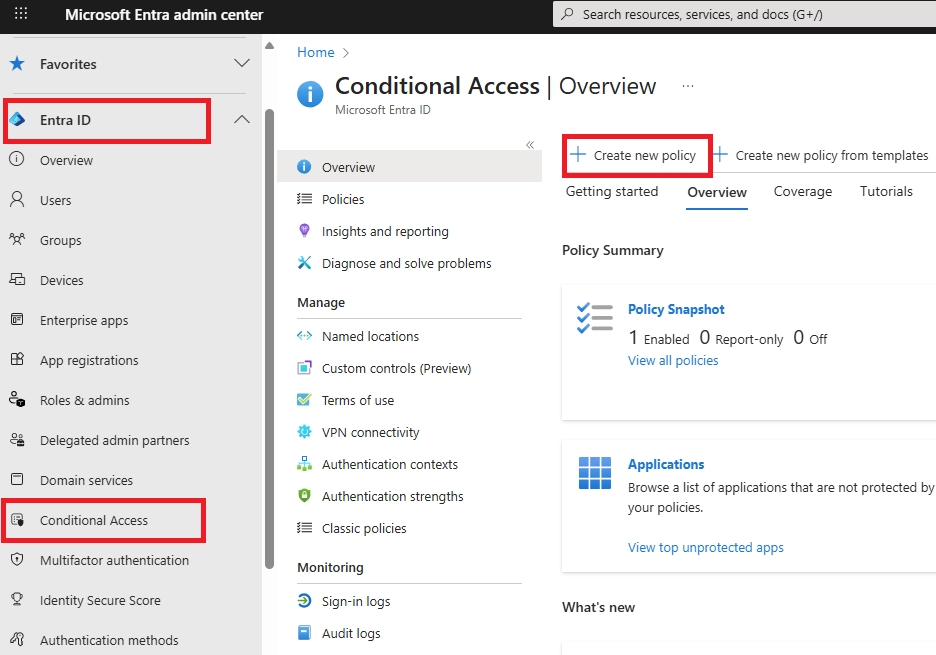 Microsoft Entra admin center showing Conditional Access policy with + new policy highlighted.