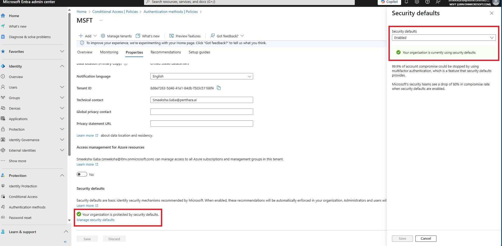 Microsoft Entra admin center showing Security defaults enabled in tenant properties