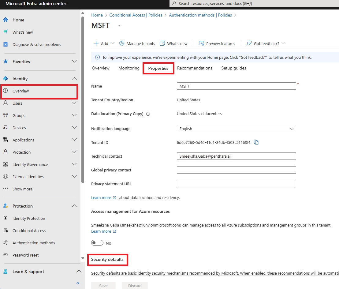 Microsoft Entra admin center Properties tab highlighted.