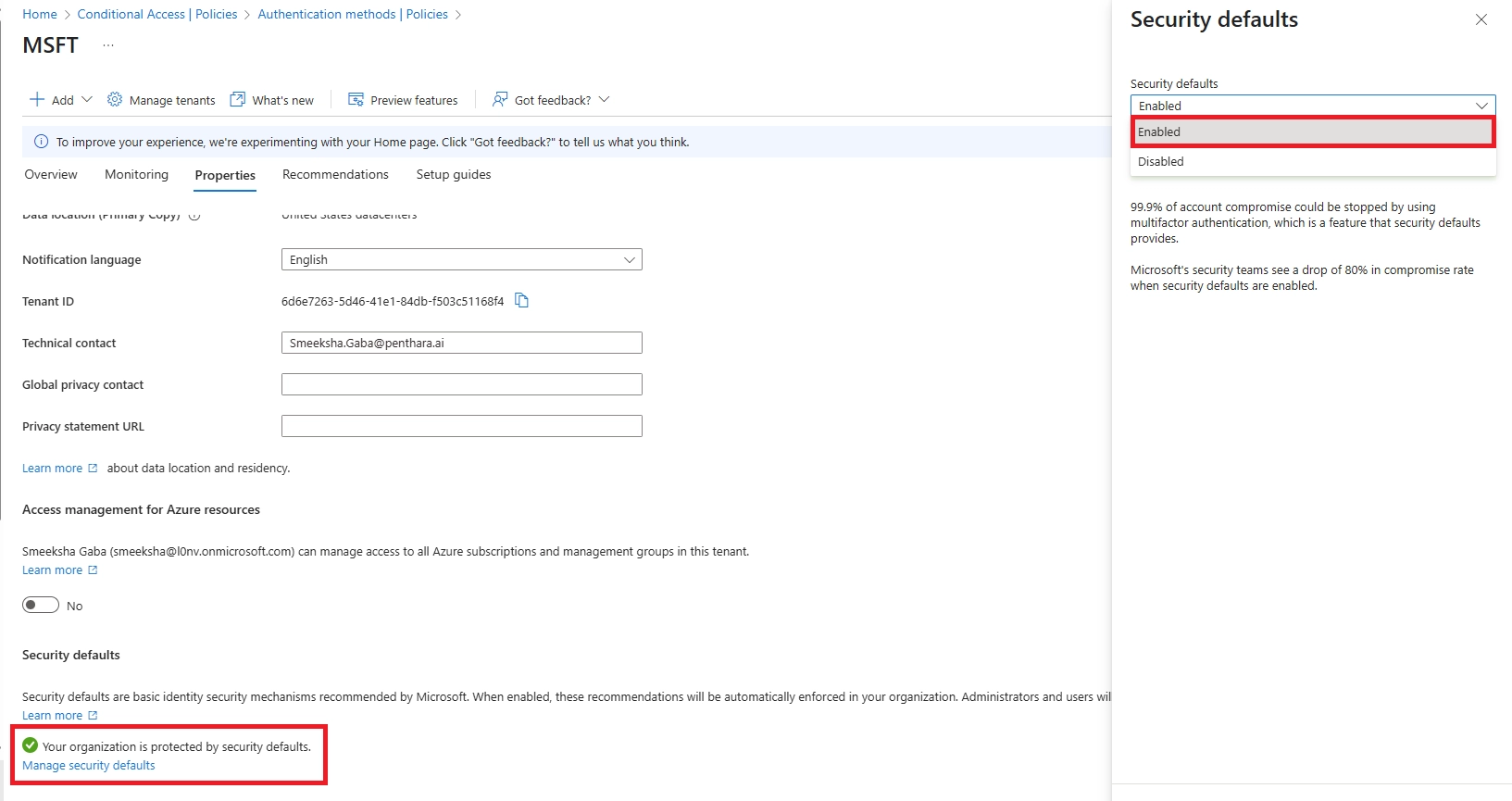 Enabled option highlighted in the Security defaults drop down menu.