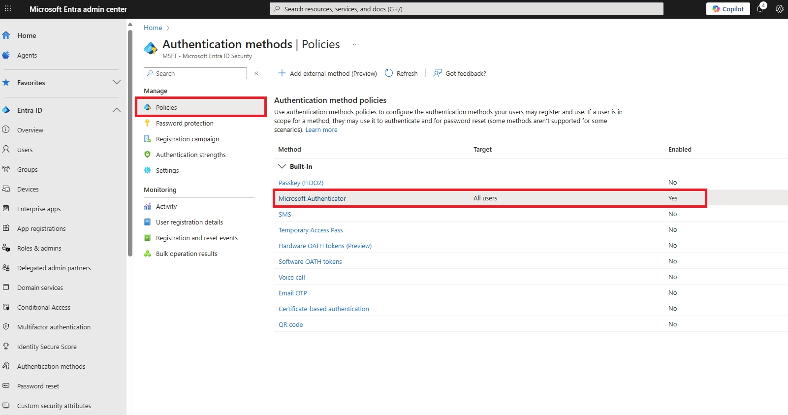 Authentication methods policy page highlighting Microsoft Authenticator