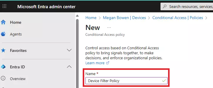 Naming a Conditional Access policy in Microsoft Entra admin center.