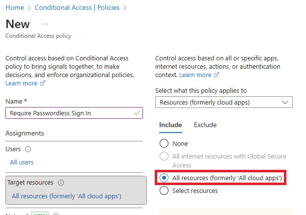 Conditional Access screen for selecting target resources such as Office 365 apps or “All Cloud Apps.