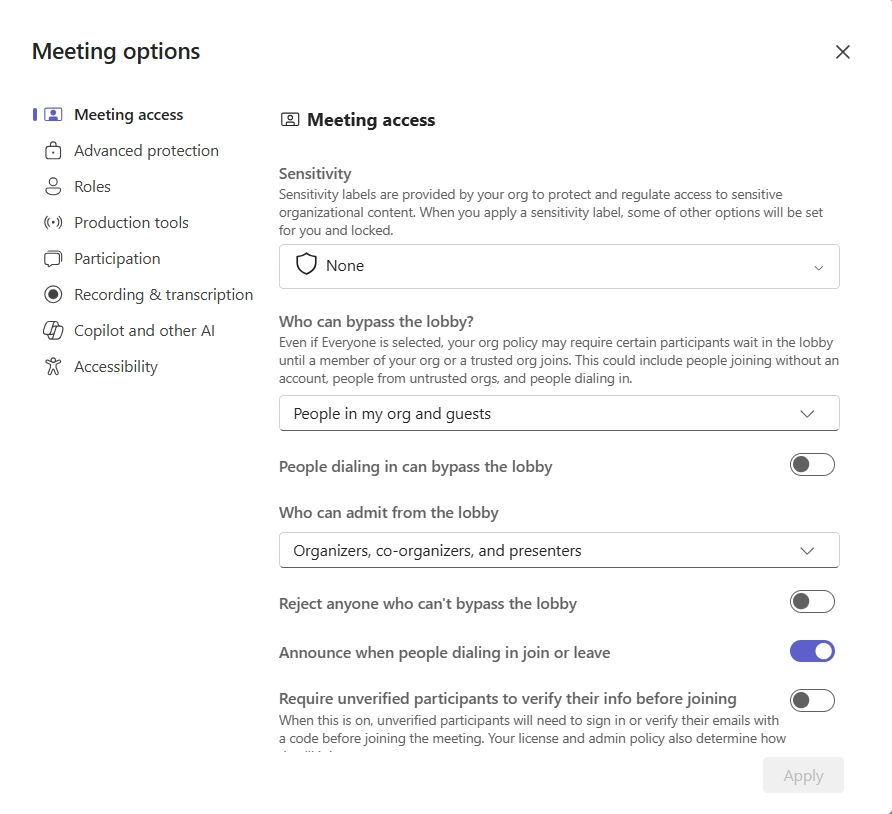 Organizer controls flyout in Meeting toolbar