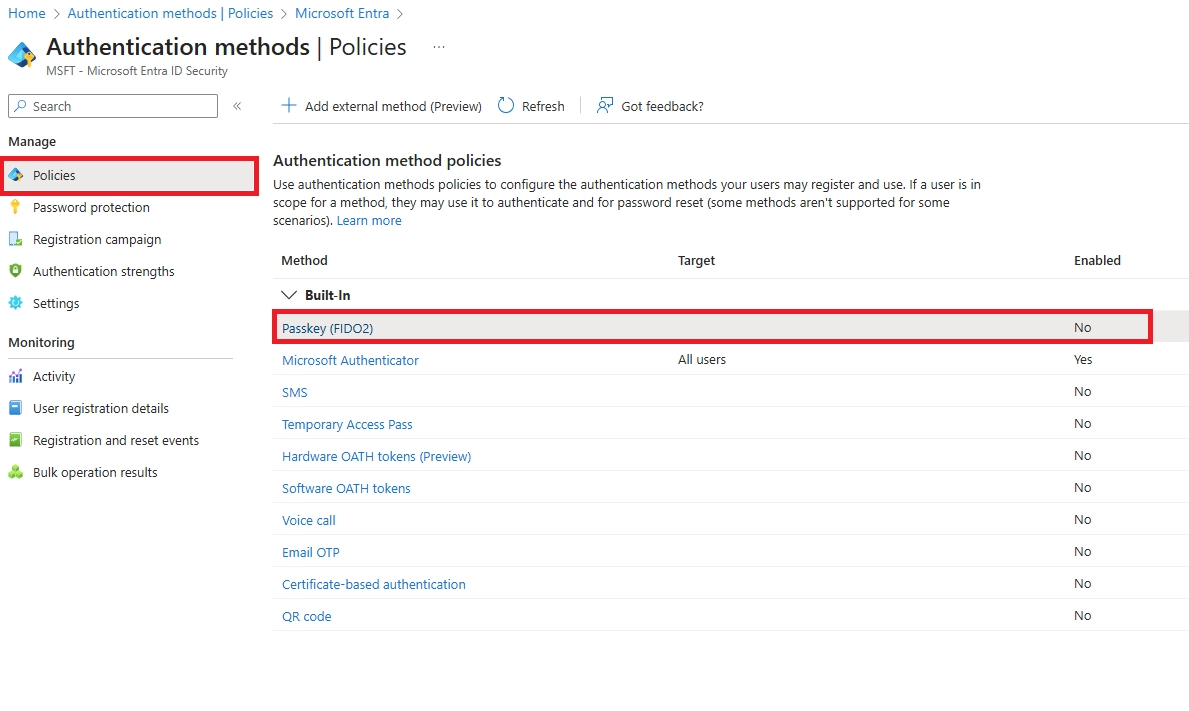 Authentication methods policy page highlighting Passkey (FIDO2)