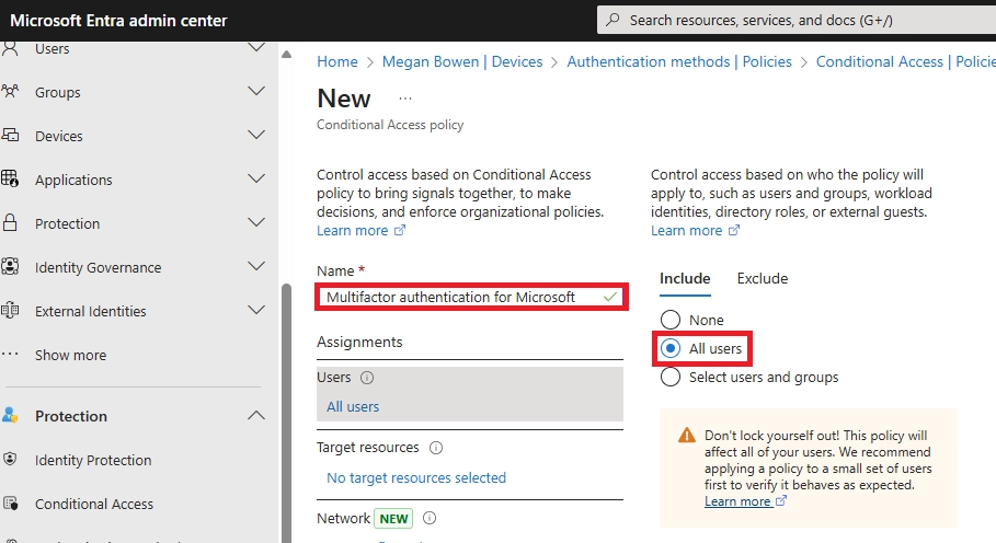 Creation of a new Conditional Access policy with the title 
