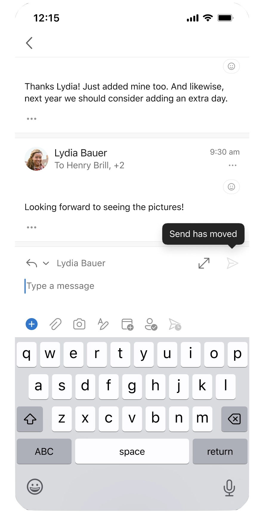 New Send button placement in Outlook for iOS – small compose view