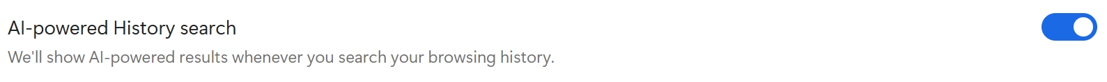 Screenshot of the new AI-powered History search experience in Microsoft Edge toggle button