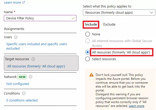 Conditional Access screen for selecting target resources such as Office 365 apps or “All Cloud Apps.”