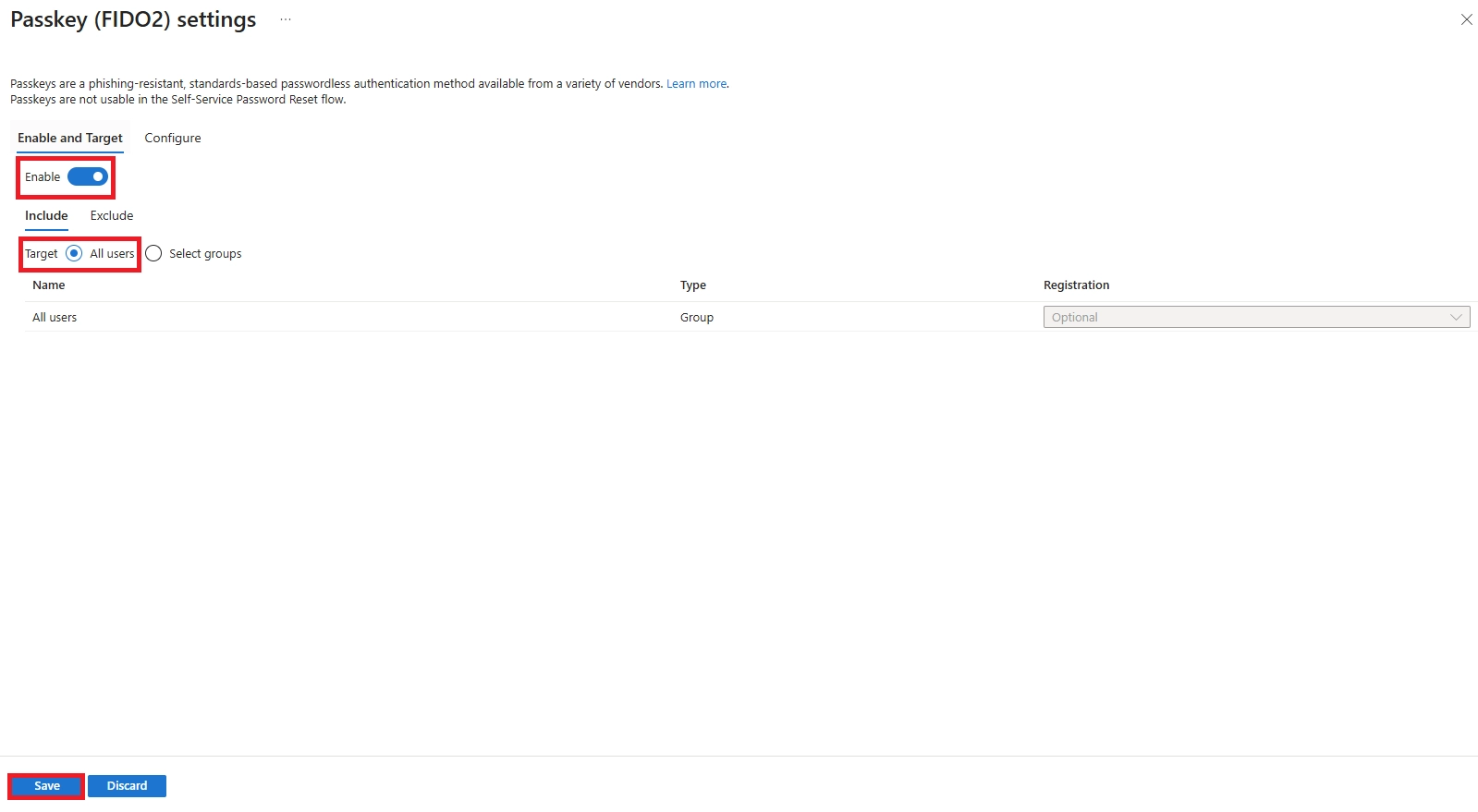 Authentication methods policy page highlighting FIDO2 keys enabled and targeted to all users.