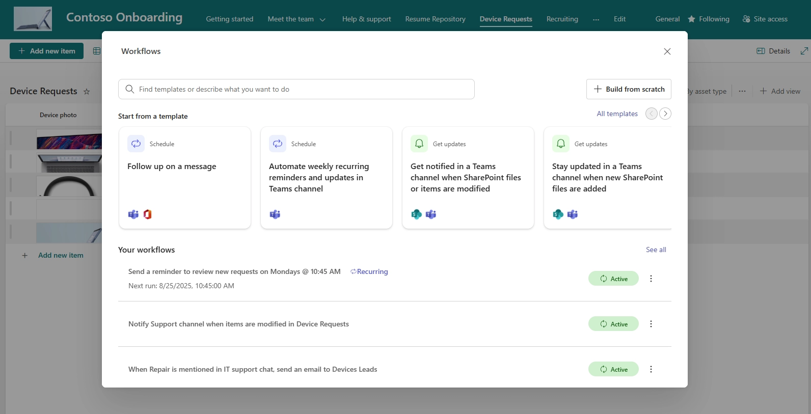 Figure II. Workflows experience opening in a SharePoint list