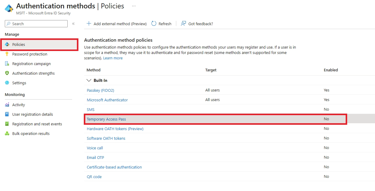 Authentication methods policy page highlighting Temporary Access Pass (TAP)