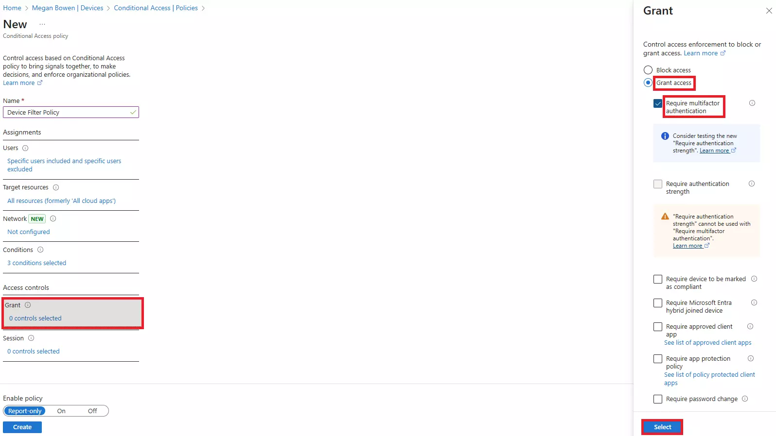 Conditional Access “Grant” controls page with “Require multifactor authentication” enabled.