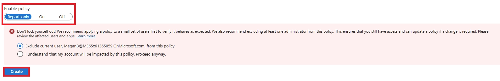 Conditional Access policy enablement screen with 