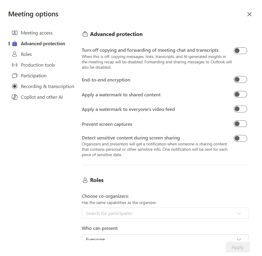 Screenshot - Meeting options with Prevent screen capture (default off). To enable it, please turn on the toggle