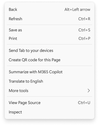 Context Menu on Microsoft Edge including the summarize with M365 Copilot feature
