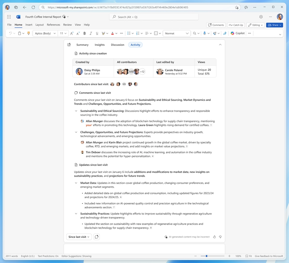 A view of recent edits and comments in Word, available through the new Activity tab in the Copilot summary for quick document insights: